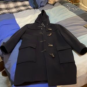 Large navy Burberry duffel coat.